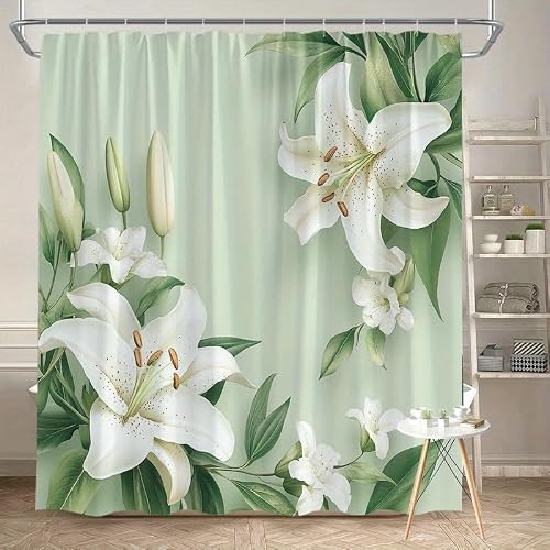 Glwdmb X-15 1 Piece 180X220cm Elegant White Lilies Printed Shower Curtain With Hook, Polyester, For Windows And Walls, Bathtub, Bathroom, Machine Washable, All Season Universal