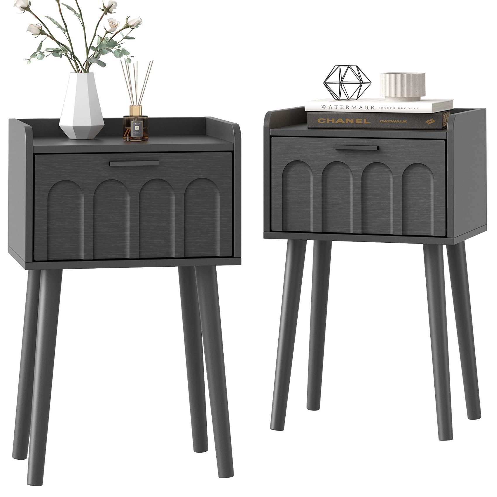 Photo 1 of LAATOOREE Nightstand Set of 2, Mid- Century Small Side End Table with Arced Door, Bedside Tables with Solid Wood Legs for Bedroom, Living Room (Black)
