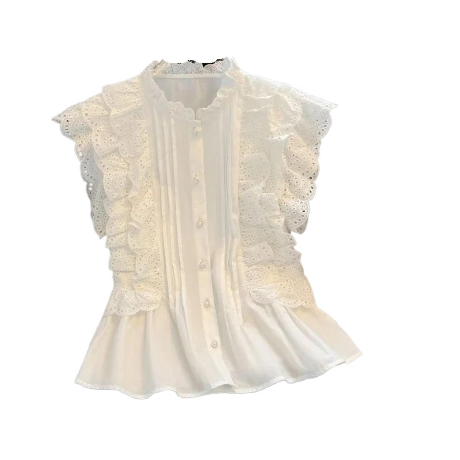 Camisola Entallada Mujer Blusa de Verano con Encaje Dulce for Mujer, Cuello Redondo, Chaleco con Volantes, Elegante Blusa sin Mangas, Informal, Blanca, for Mujer