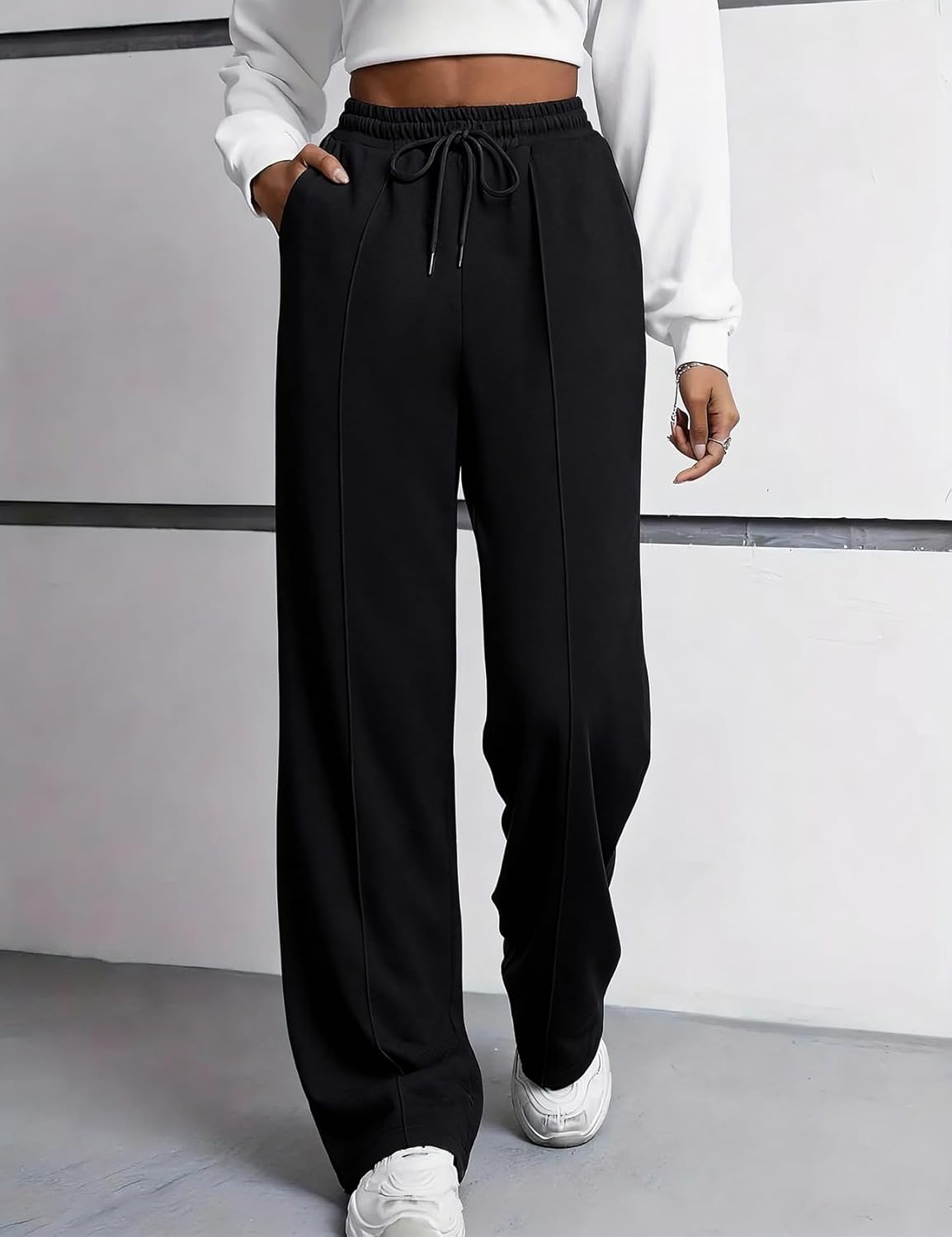 Flygo Womens Wide Leg Sweatpants Drawstring Elastic Waist Baggy Pants Trendy Loose Athletic Joggers with Pocket - Image 2