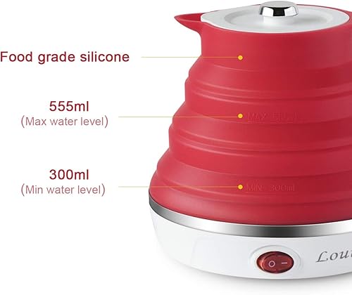 Miniatura 7 de Tetera eléctrica plegable de silicona de grado alimenticio con doble voltaje y cable de alimentación separable 110-220V, para 20.28 onzas líquidas,