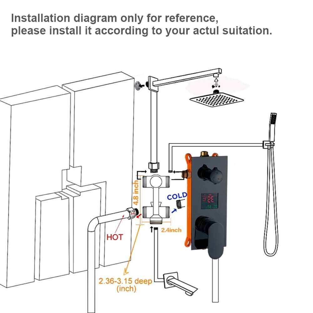 20 Pollice con Display Digitale, Miscelatore Pioggia Nero Doccia Combo Set Soffitto Bagno Doccia Rubinetto Set con Soffitto, Doccetta, Cascata Vasca Beccuccio Vasca