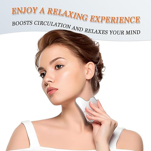 Miniatura 5 de Juego de 2 herramientas Gua Sha de acero inoxidable, herramientas faciales Gua Sha de metal, masajeador facial, escultura Gua Sha corporal y facial