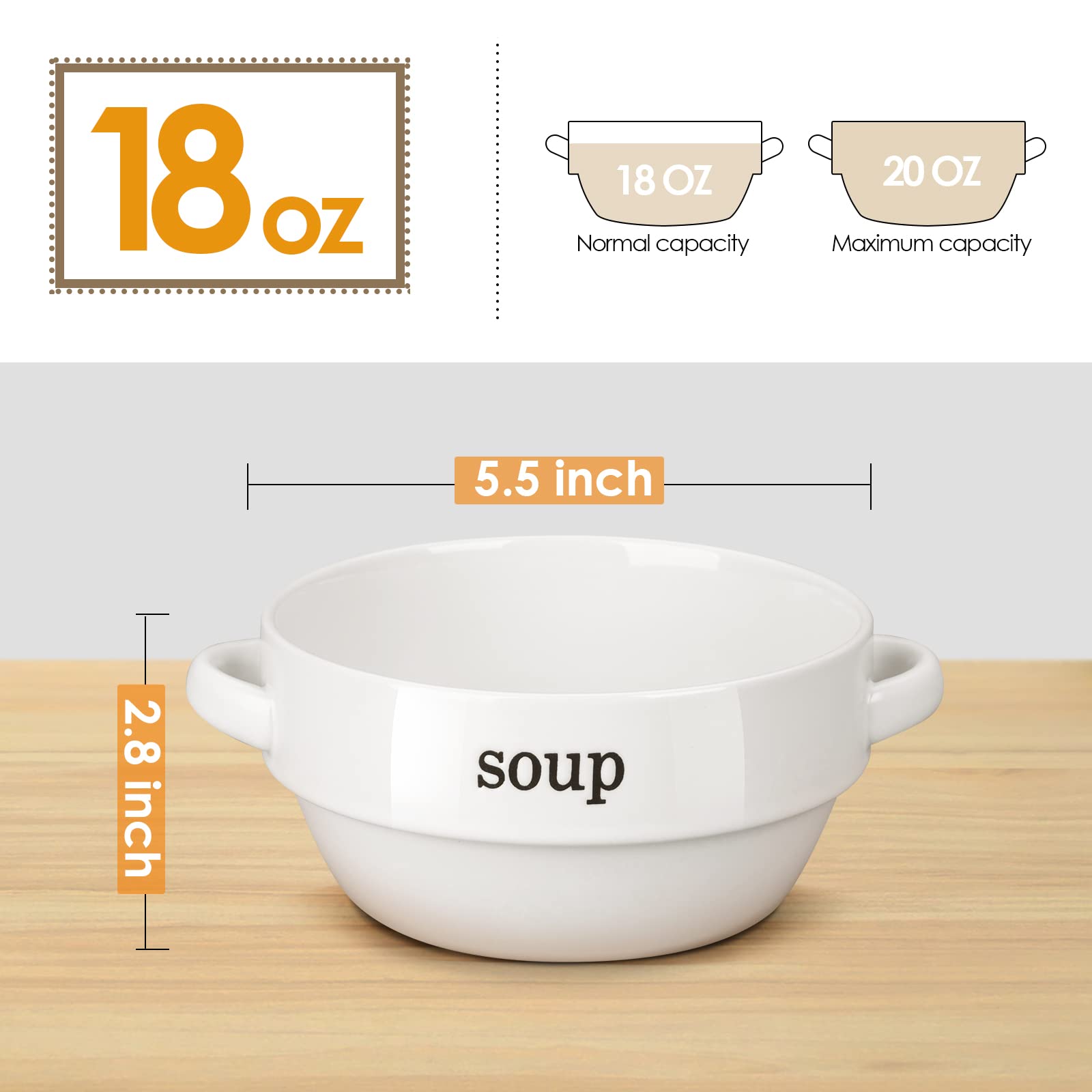 6 Pack Ceramic Soup Bowls with Handles, 24 Oz Serving Soup Bowl Set, Ceramic Soup Crocks for French Onion Soup, Chilli, Cereal, Salad, Pasta, Prep, Rice, Ice cream, Microwave & Dishwasher Safe, White