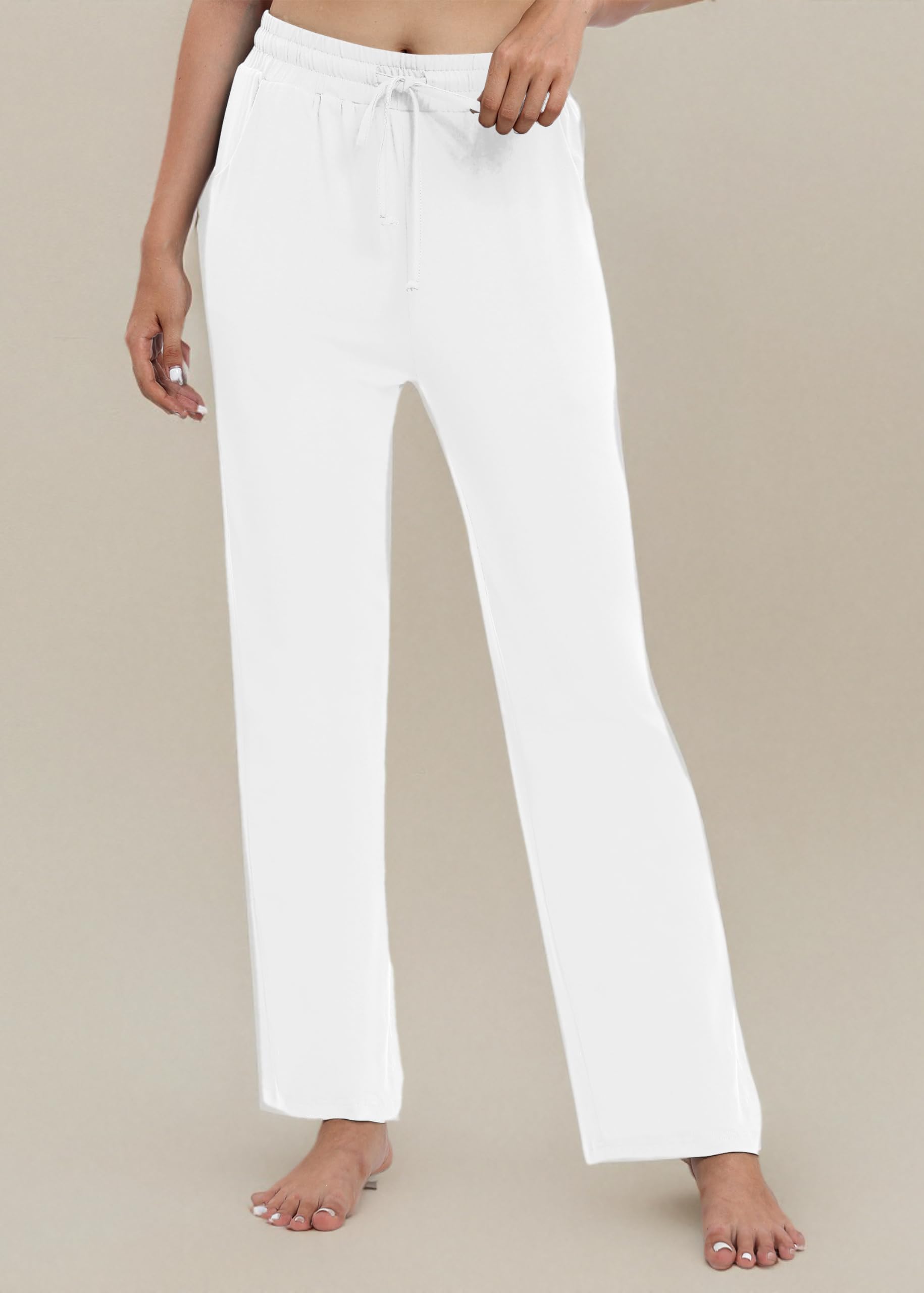 EXCHIC Femmes Casual élasticité Jambes Droites Pantalons avec Cordon élastique Taille Yoga Pantalons avec Poches