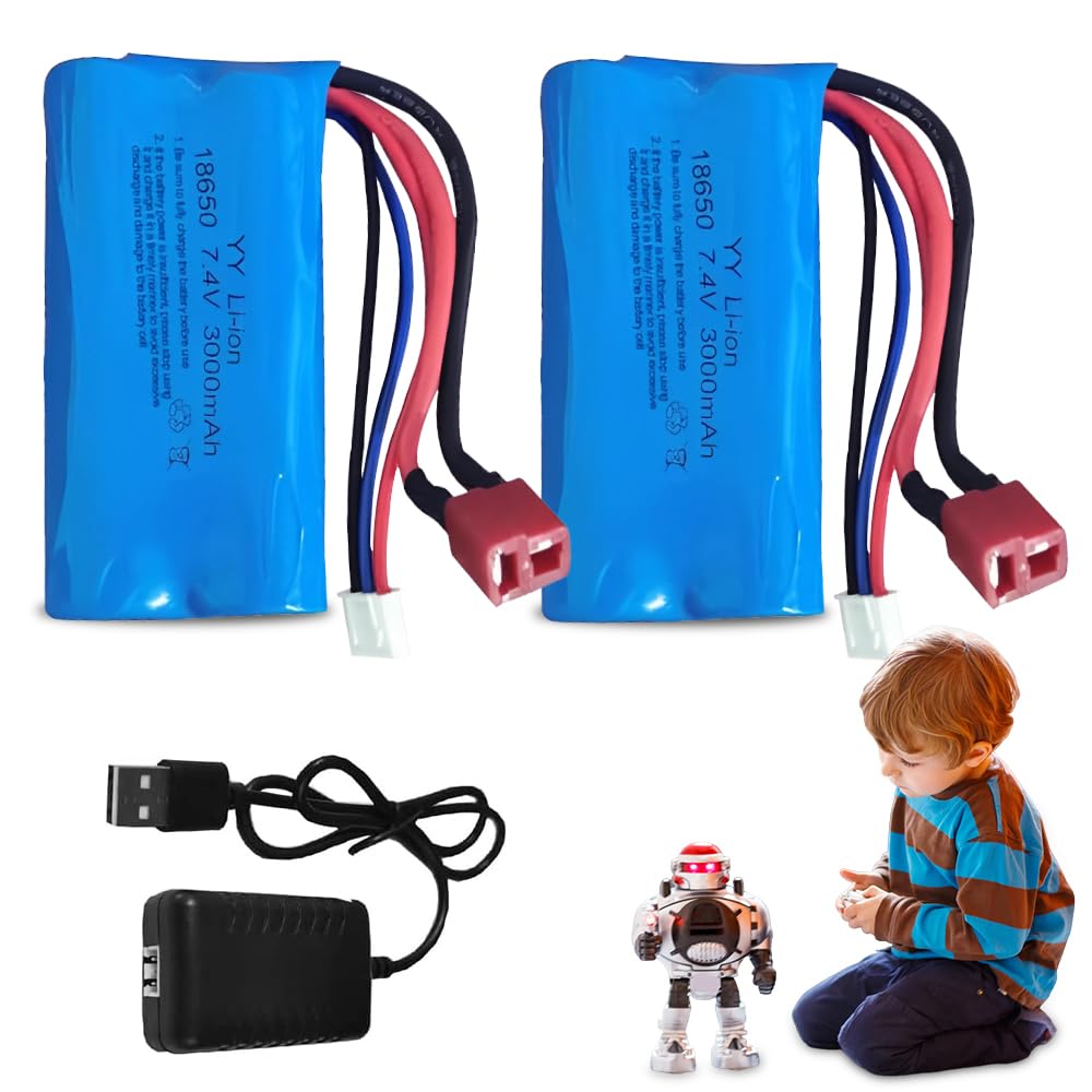 Batteria Agli Ioni di Litio, 2 Pezzi Batteria Agli Ioni di Litio 7.4V 3000 mAh, Batterie Ricaricabili con Spina Deans T, Lipo 2s con 1 Caricabatterie per Veicoli RC, Carri armati, Auto, Robot