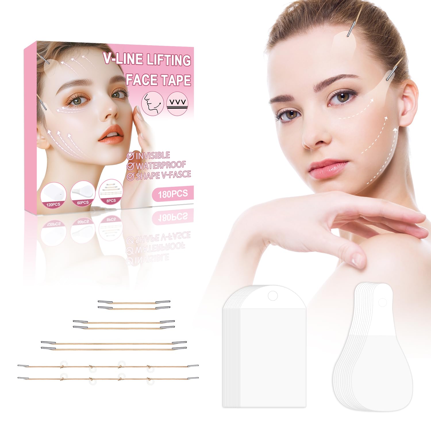 face lift tape invisible, face lift tape with 8 bands, neck tape lifting invisible?v-shaped instant face tapes for lifting sagging skin eyes double chin wrinkles waterproof (180pcs) 0.01 ounce (pack of 180)