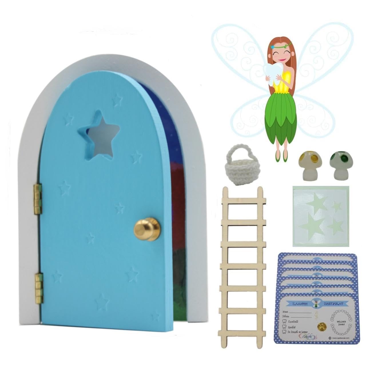 Qué Kawaii® ZAHNFEEN-TÜR, DIE SICH ÖFFNET UND IM DUNKEL LEUCHTET!!! Holztür und Treppe zum Bemalen und Gestalten+Häkeltasche+Sterne+zwei Pilze, die im Dunkeln leuchten+6 Zertifikate (BLAU)