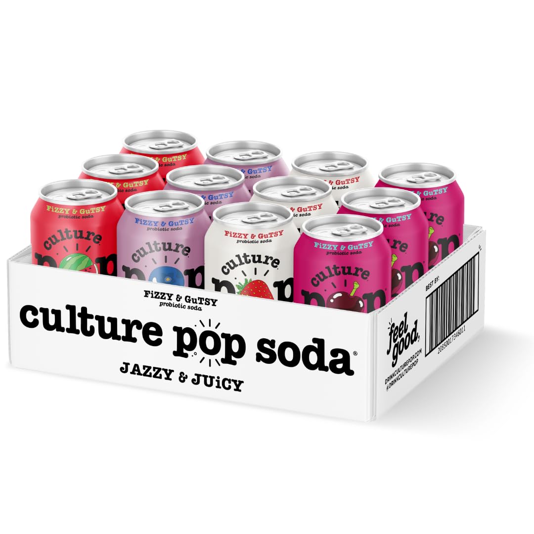 Culture Pop Soda, Jazzy & Juicy Variety Pack, Probiotic Low Sugar Soda, Sparkling Juice Alternative, Non-GMO, Kosher, Gluten-Free, No Stevia (12pk)