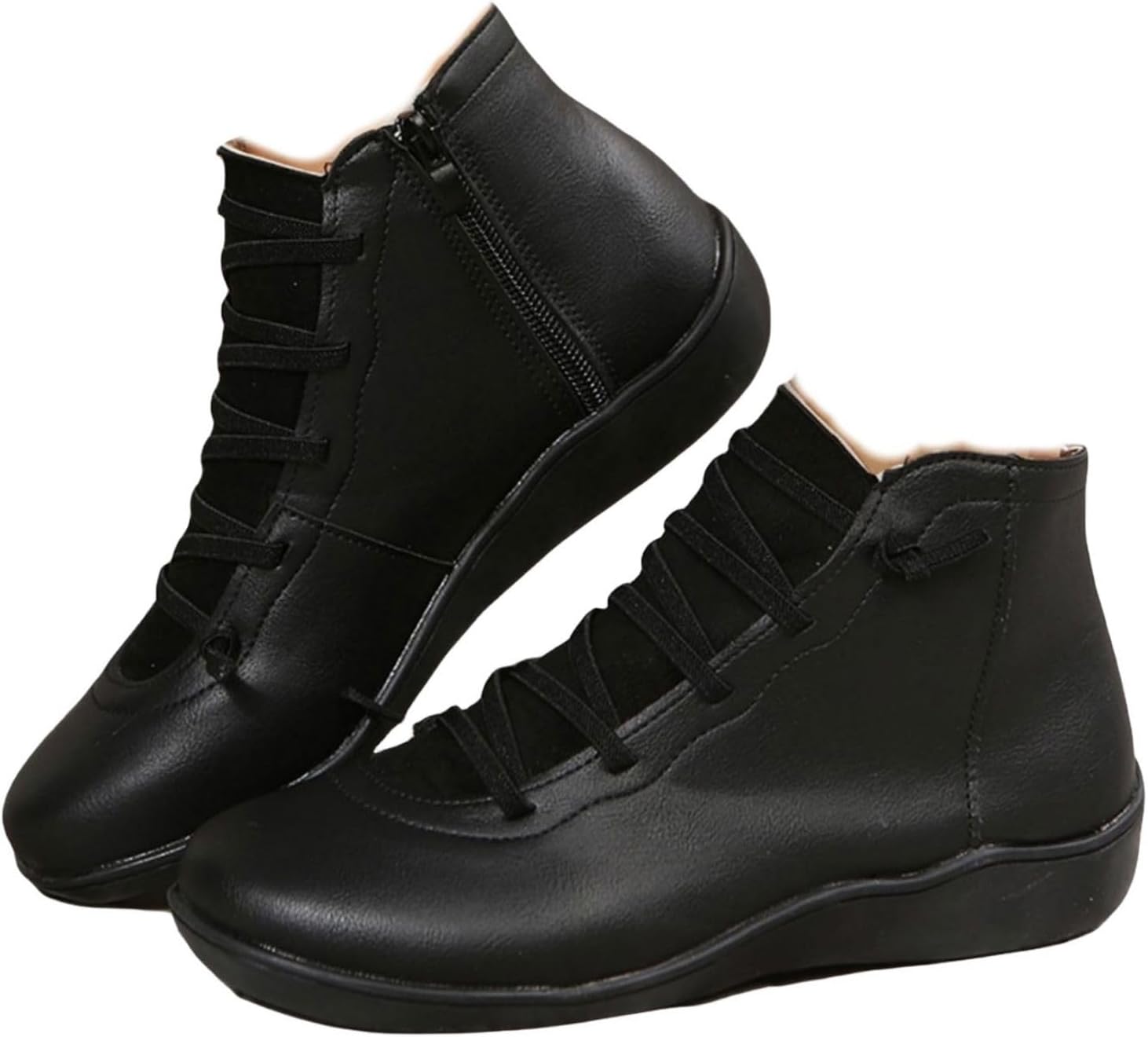 Zipper Ankle Boots for Women Western Faux Leather Waterproof Walking Shoes Vintage Short Boots Round Toe Wide Width Flats Outdoor Sneakers Comfortable Casual Shoes Fall Spring