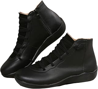 Ankle Boots for Women Vintage Arch Support Low Heel Short Boot Fashion Lace Up Side Zipper Leather Booties Comfortable Round Toe Slip On Flat Shoes
