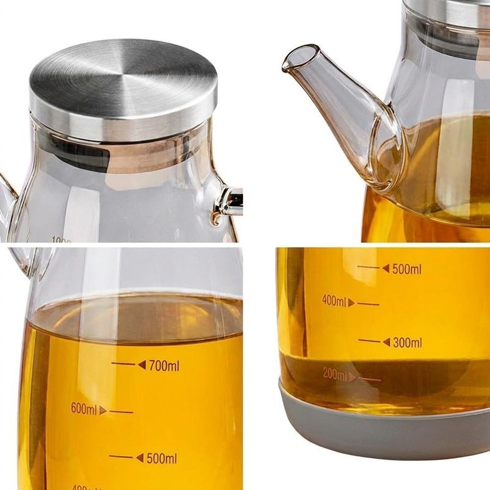 Dispenser per olio in vetro da cucina, 1000 ml / 34oz, con beccuccio salvagoccia e base in silicone, dispenser di aceto a prova di perdite, per olio da cucina e aceto, grigio