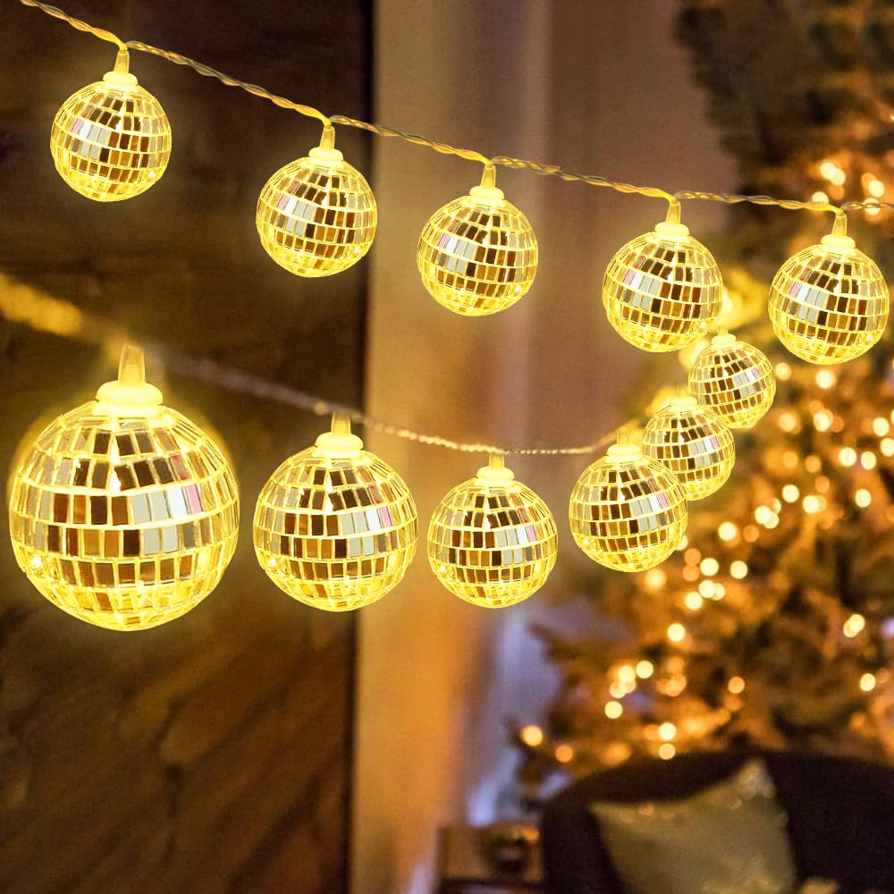 mizikuu 10 LED Disco Ball String Lights，150 cm Mirror Disco Ball Fairy Lights with Battery Powered Ornaments for 70s 80s Disco Party Supplies Constant Light Mode Warm White