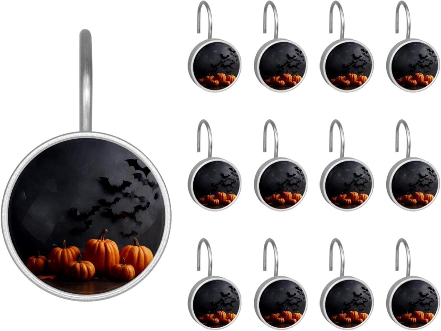 12PCS Orange Pumpkins Bats Shower Curtain Hooks Metal Rust Resistant Decorative Shower Curtain Hooks Bathroom Decorations