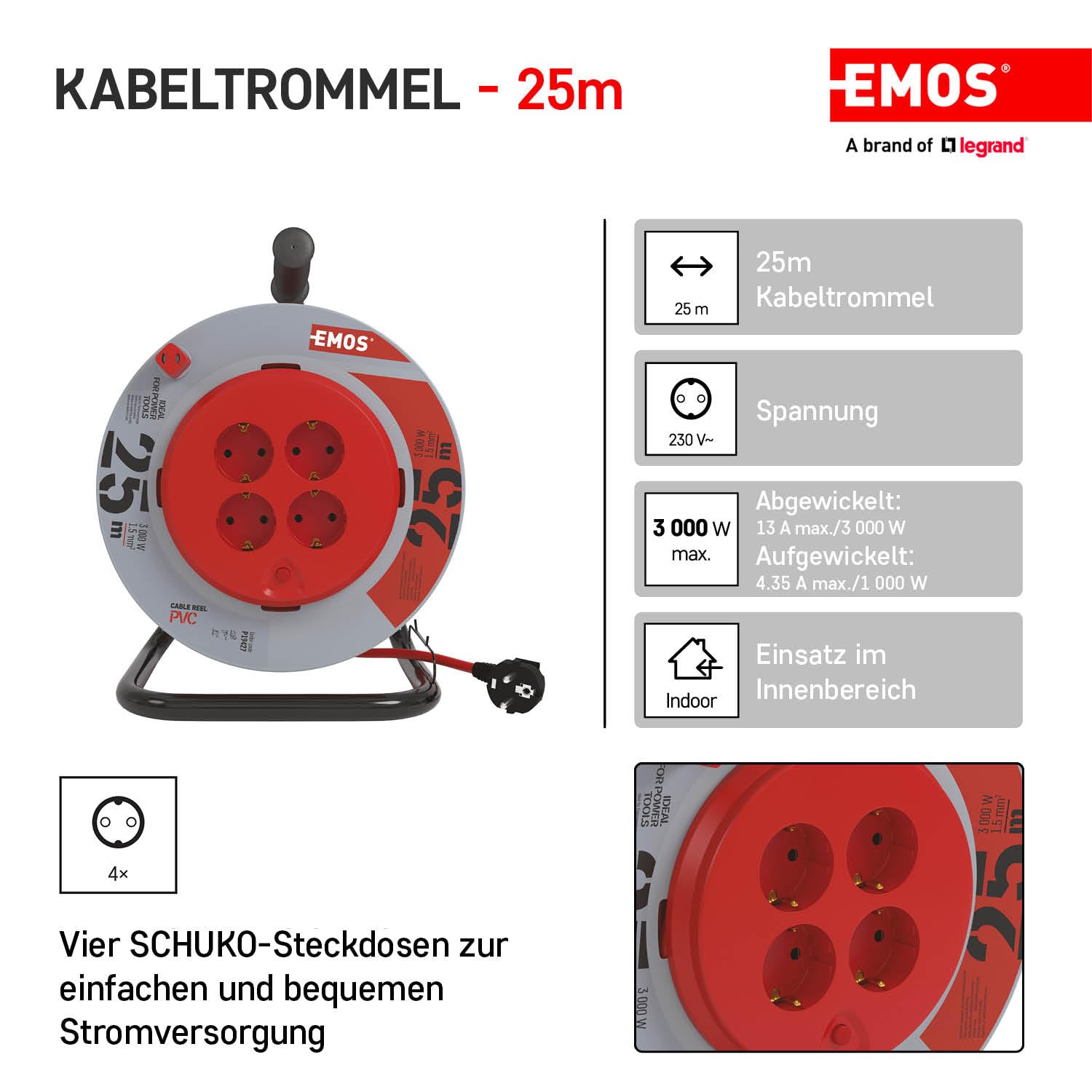 EMOS - Bęben kablowy 25 m ze stałym środkiem - 4 gniazda Schuko - 230 V, 13 A, 3000 W - wysokiej jakości izolacja PCW - H05VV-F3G 1,5 mm2 - zabezpieczenie przed przegrzaniem, hamulec szpułowy - IP20