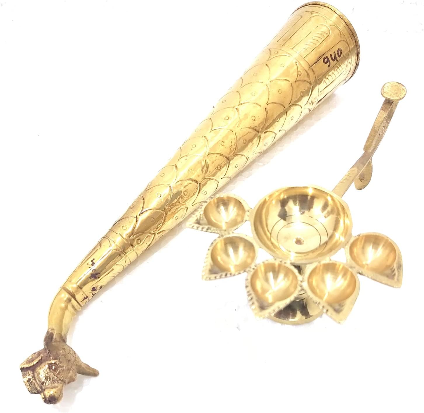 Size 5.5 Inch Pure Brass Panch Deepak Aarti Oil Lamp for Pooja Mandir Diya with a Complete rudrabhishek Size12 to 14 Inch Approx Shankh Stand for Pooja