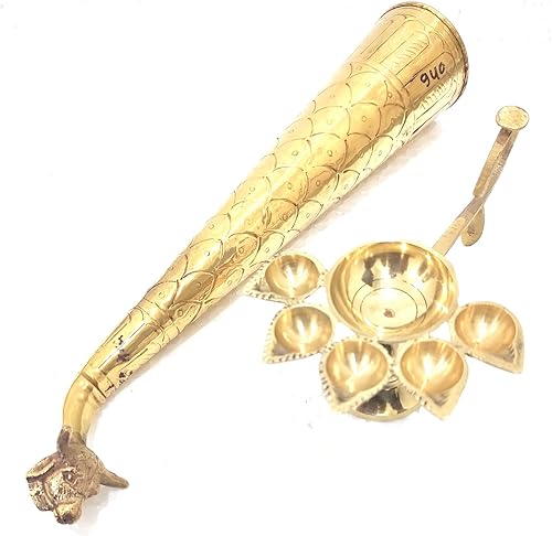 Miniatura 1 de Lámpara de latón Panch Aarti Pancharti Diya Lámpara de aceite de latón puro Gaumukhi Shringi o Shrangi con un tamaño completo Rudrabhishek de 12 a