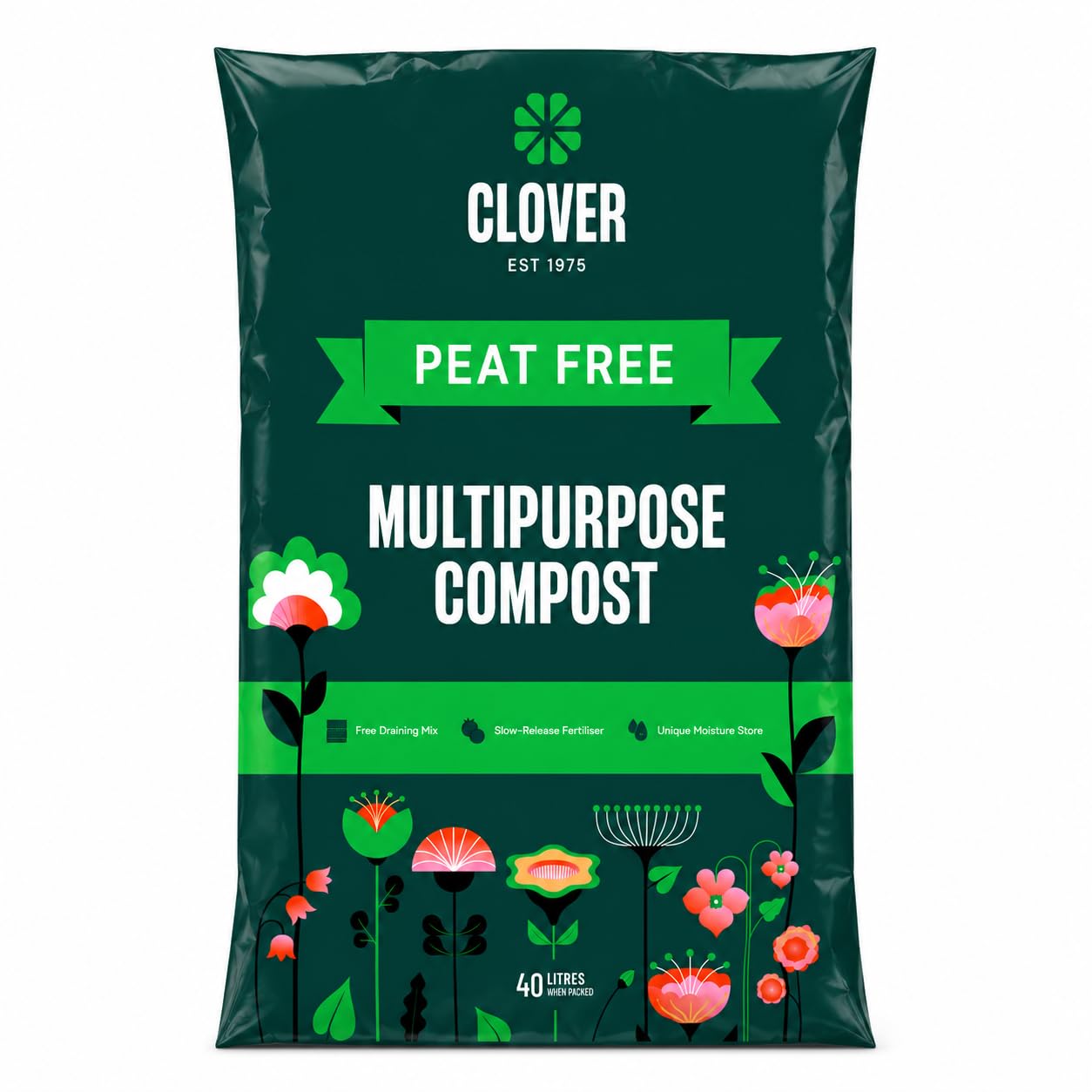 Clover Peat Free Multipurpose Compost 40 Litre - Free Draining Soil Mix with Slow Release Fertiliser, Moisture Retention, Ideal for Flowers, Vegetables, Herbs & Indoor Outdoor Plants