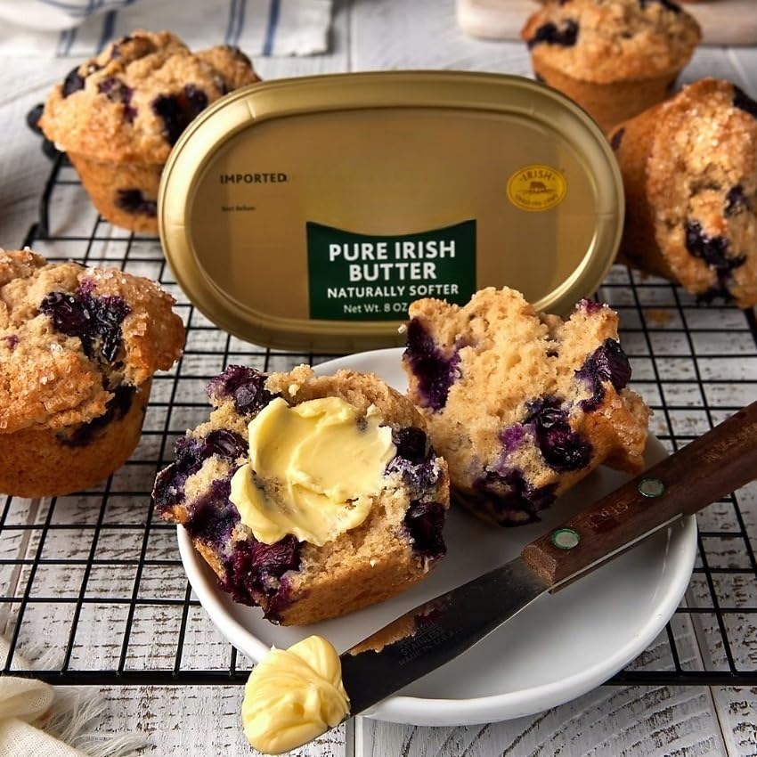Pure Irish Salted Butter Tub , A special process to gently churn this summer milk to create a softer, more spreadable natural butter , the flavor is creamy, the color remarkably golden, and the all-natural butter is hormone-free. Spread on the outside of soft bread and cheese sandwiches and grill. Or make your own savory spreadable with lime and chili powder and top a flatiron steak or grilled corn in the husk. [ 17.6 oz , 1.1 lb ]