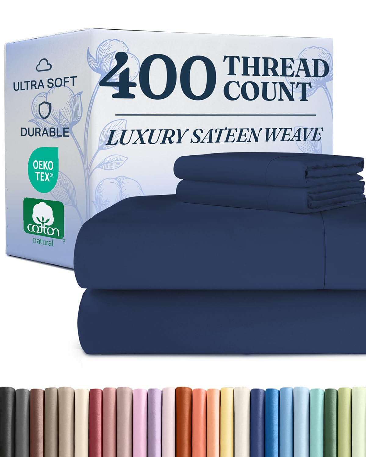 queen sheet set - 100% cotton sheets - 4 piece queen size cotton bed set with deep pockets up to 16 inches - ultra soft, breathable & cooling - fade and stain resistant - machine washable - navy blue