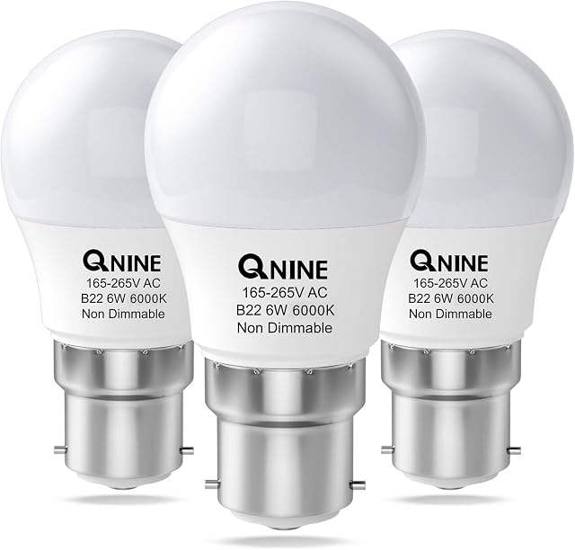 QNINE Cool White Bayonet Light Bulb, 6W (60W Equivalent), 550lm, B22 LED Golf Ball Bulb, 6000K, Non-Dimmable, 3 Pack