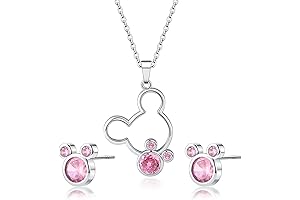 Minnie Mouse Silver Plated Earrings and Necklace Set with Pink Cubic Zirconia for Girls