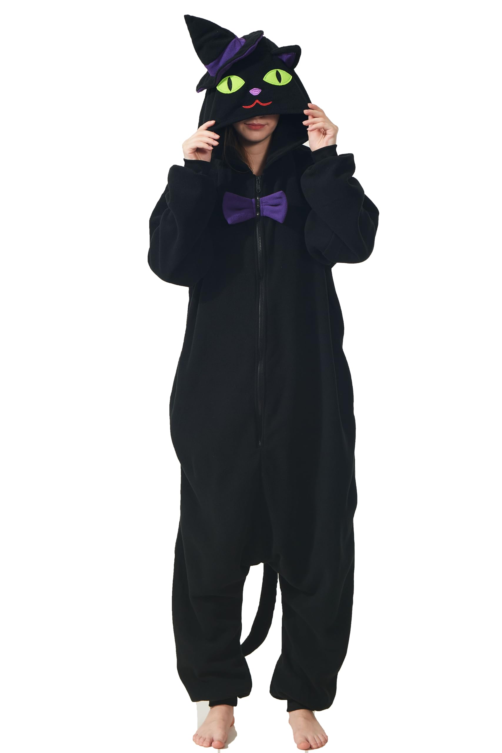 Kostium czarnego kota dla dorosłych unisex jednoczęściowa piżama Halloween Boże Narodzenie zwierzę cosplay z kapeluszem czarownicy