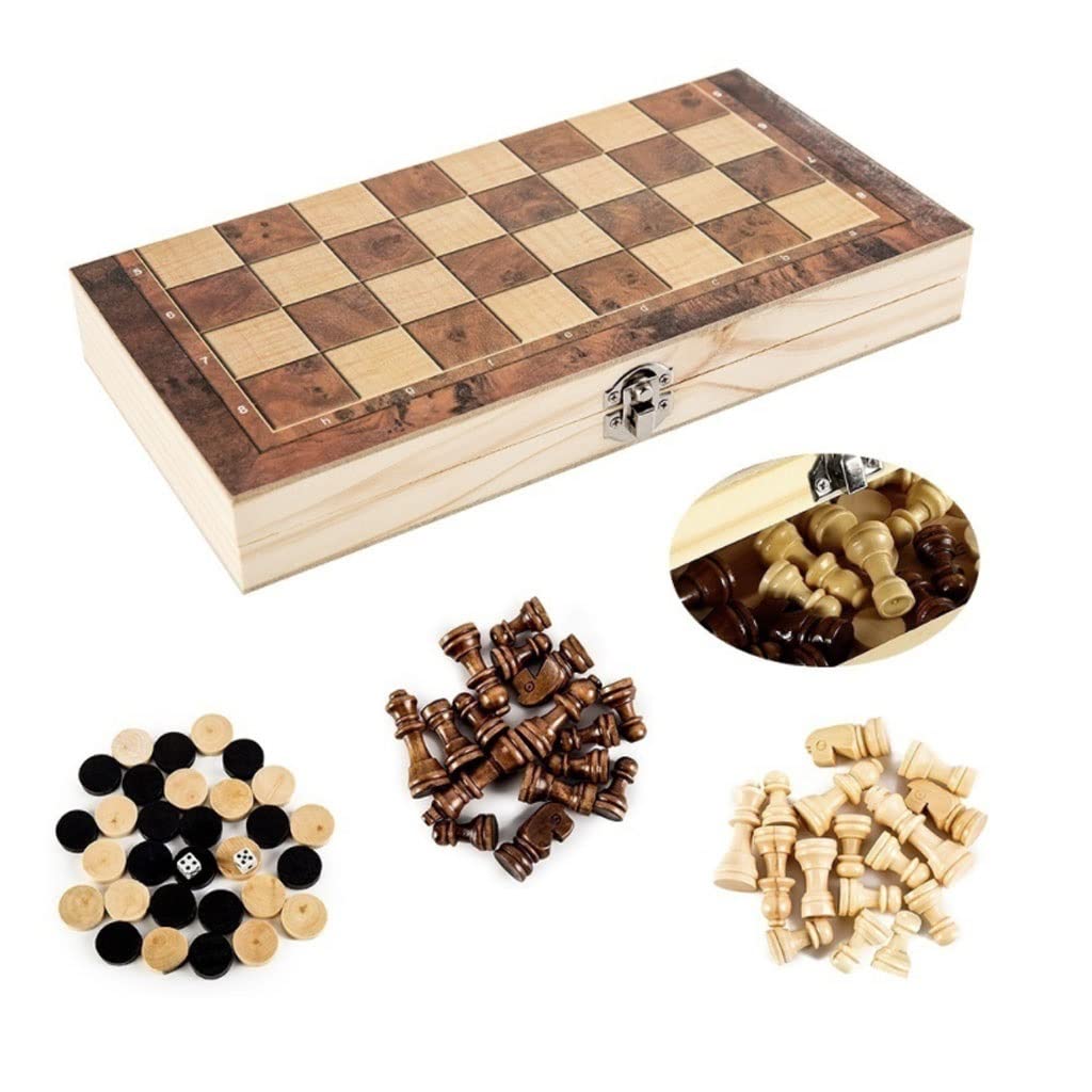 Giochi Tavolo Set di Scacchi, Set in Legno Pieghevole, Gioco da Tavolo 3 in 1 for Adulti e Bambini (Scacchi, Backgammon, Dama), Pezzi in, 5 Taglie Scegliere Interni Esterni(9.5 * 9.5inch)