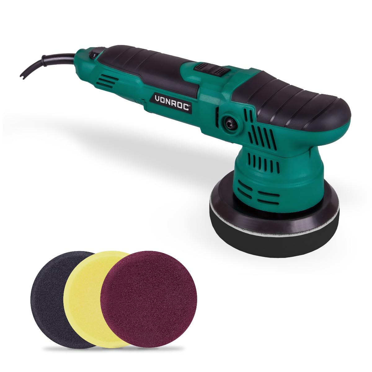 VONROC Exzenter Poliermaschine Auto Set elektrisch - Auto Zubehör Politur zum Kratzer entfernen, Autopflege Set - Variable Geschwindigkeit, 650W, 125MM inkl. 4xPolierschwamm