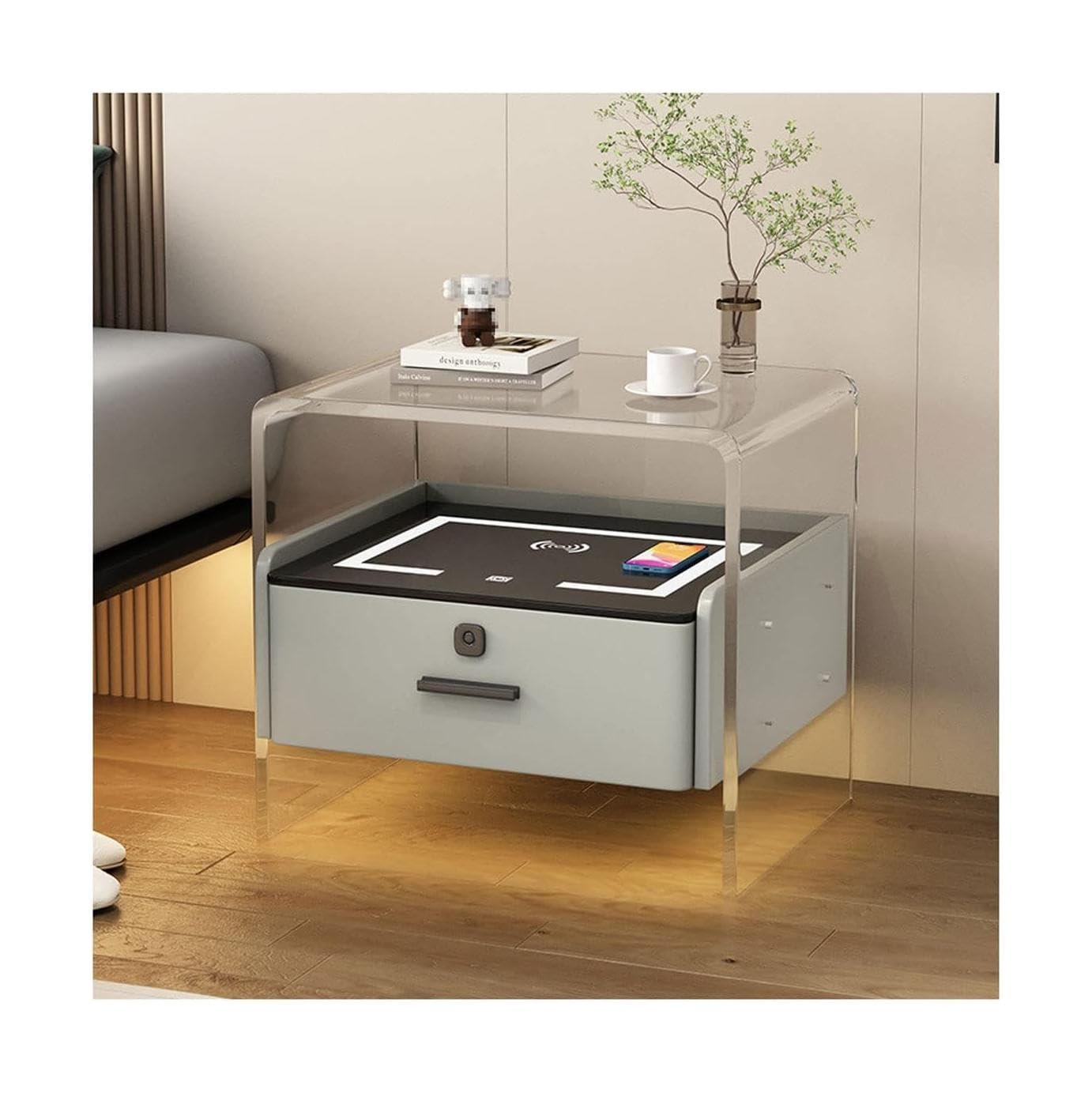 BHGFYXBS Smart Nightstand Acrylic End Table Wireless Charging Bedside Table Led Fingerprint Lock Drawer Leather Bedside Cabinet,Pink,Light Gray,Light Gray