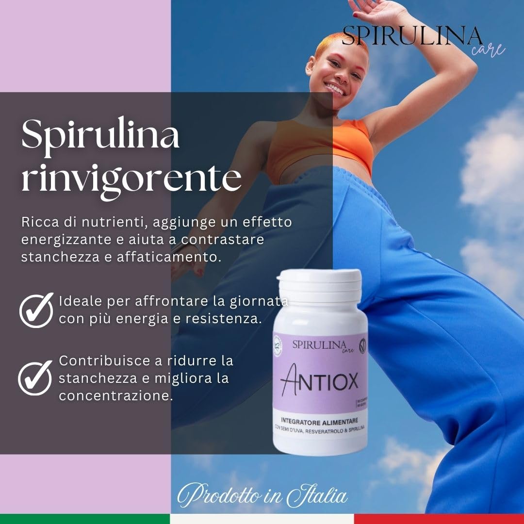 SPIRULINA BECAGLI - Semi d'uva (OPC) e Resveratrolo – Antiossidante per Pelle e Microcircolo con Spirulina, Tè Verde, Vitamina E e Selenio – 60 compresse da 800 mg
