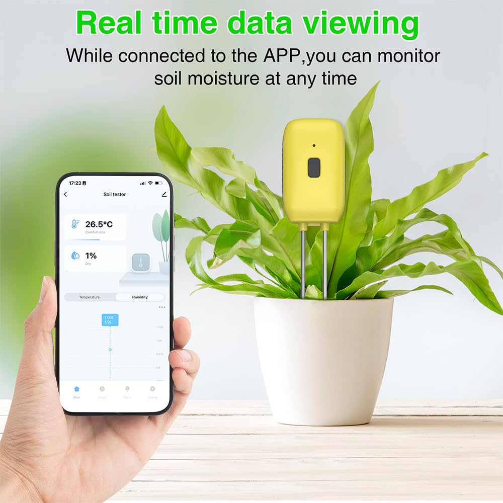 Bodenmessgerät, intelligenter Pflanzenwassersensor, Temperatur- und Feuchtigkeitsalarm, Outdoor, IPX5, Doppelnadel-Bodentester, Gartenarbeit für Rasen, Bauernhof, Garten,