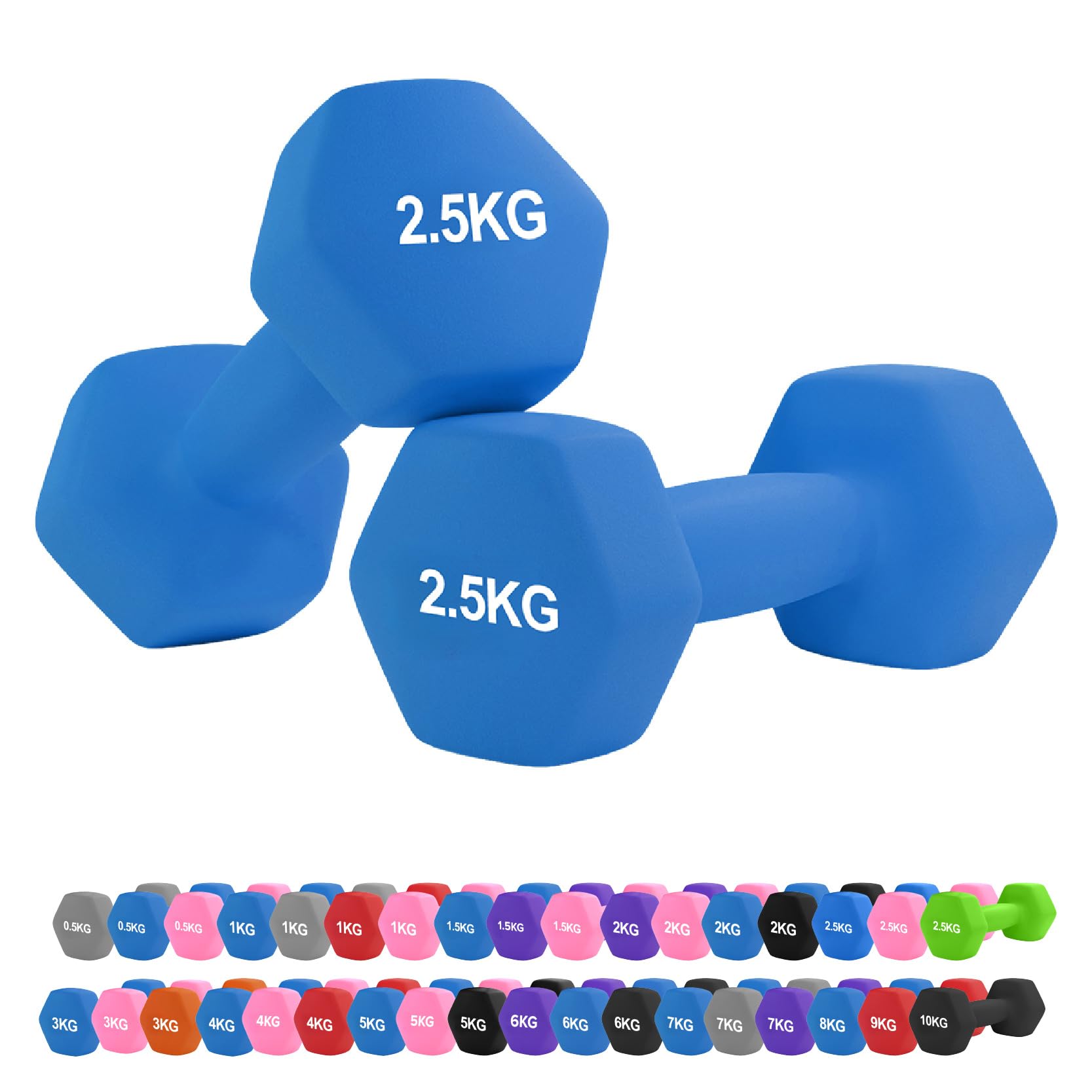 Neoprene Hex Dumbbell Set 0.5–10kg – Non-Slip Comfort Grip Hand Weights for Home Gym, Strength Training, Full-Body Workouts, HIIT, CrossFit, Pilates (2.5Kg Pair-Blue)