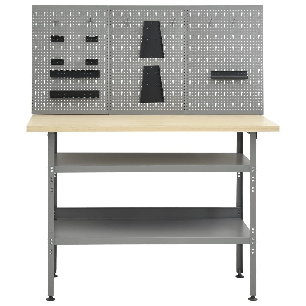 Banco da lavoro con 3 pareti per attrezzi, in acciaio e legno, 120 x 60 x 85 cm, portata 300 kg, 2 ripiani, piedini regolabili in altezza, banco da officina per garage e cantina