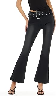 Forever 21 Women's Flared Denim Pant with Large Buckle Belt.
