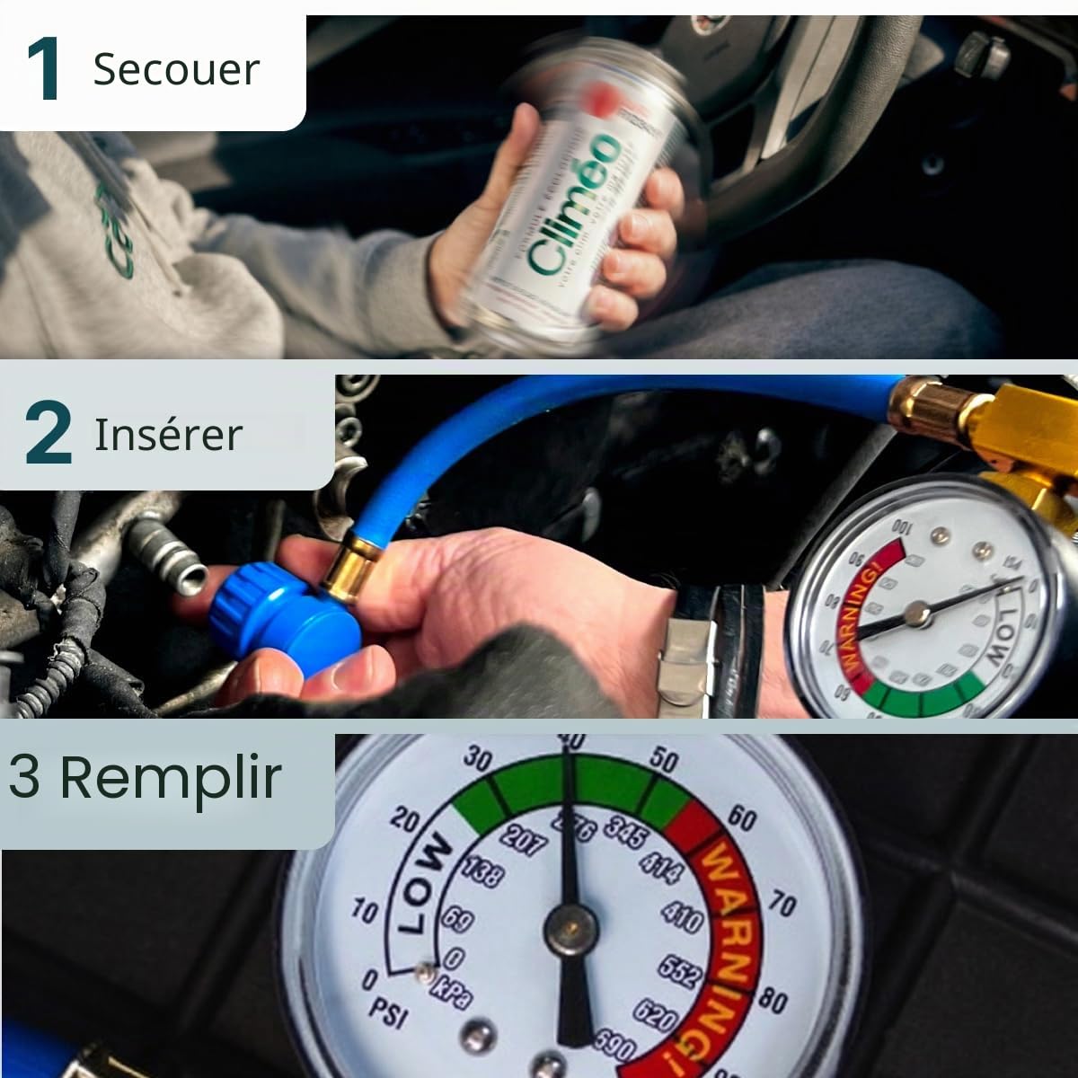 2 x 400 ml et tuyau avec manomètre - Remplacement écologique du réfrigérant R134a/R12 - Remplissage autonome du climatiseur