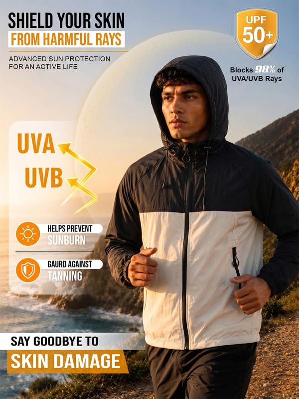 Image of CHKOKKO Sunscreen Jacket For Men With Hood | Advanced Upf 50+ UV Ray Sunblock Sunscreen | Water-repellent Lightweight Nylon Cooling Quick Dry Fabric | Sports Cycling Travel & Dailywear