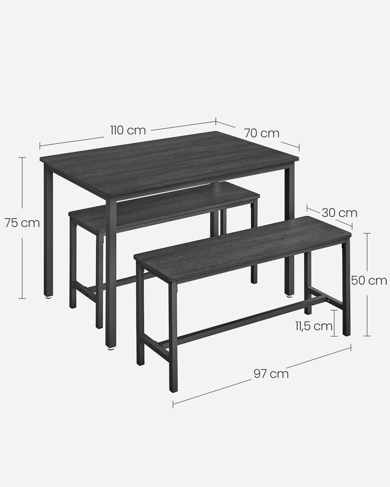 VASAGLE KDT070B21 Table de Salle à Manger avec 2 bancs, Table de Cuisine de 70 x 110 x 75 cm, 2 bancs de 30 x 97 x 50 cm chacun, Structure en Acier, Noir cendré et Noir d'encre