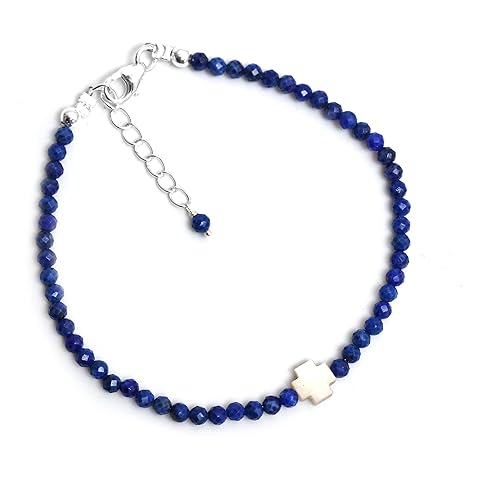 Miniatura 6 de GemInspire Mother's Day Jewelry Blue Lapis Lazuli Beaded Bracelet, Pearl Cross Bracelet, Faith Hope Bracelets, September Birthstone,Gift for