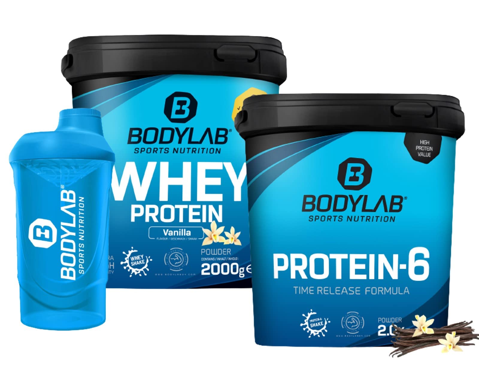 Bodylab24 Megadeal 24 Stunden Eiweiß, Whey Protein Vanille, Protein-6 Vanille und Shaker für Kraftsport und Fitness, kann den Aufbau und Erhalt von Muskelmasse unterstützen