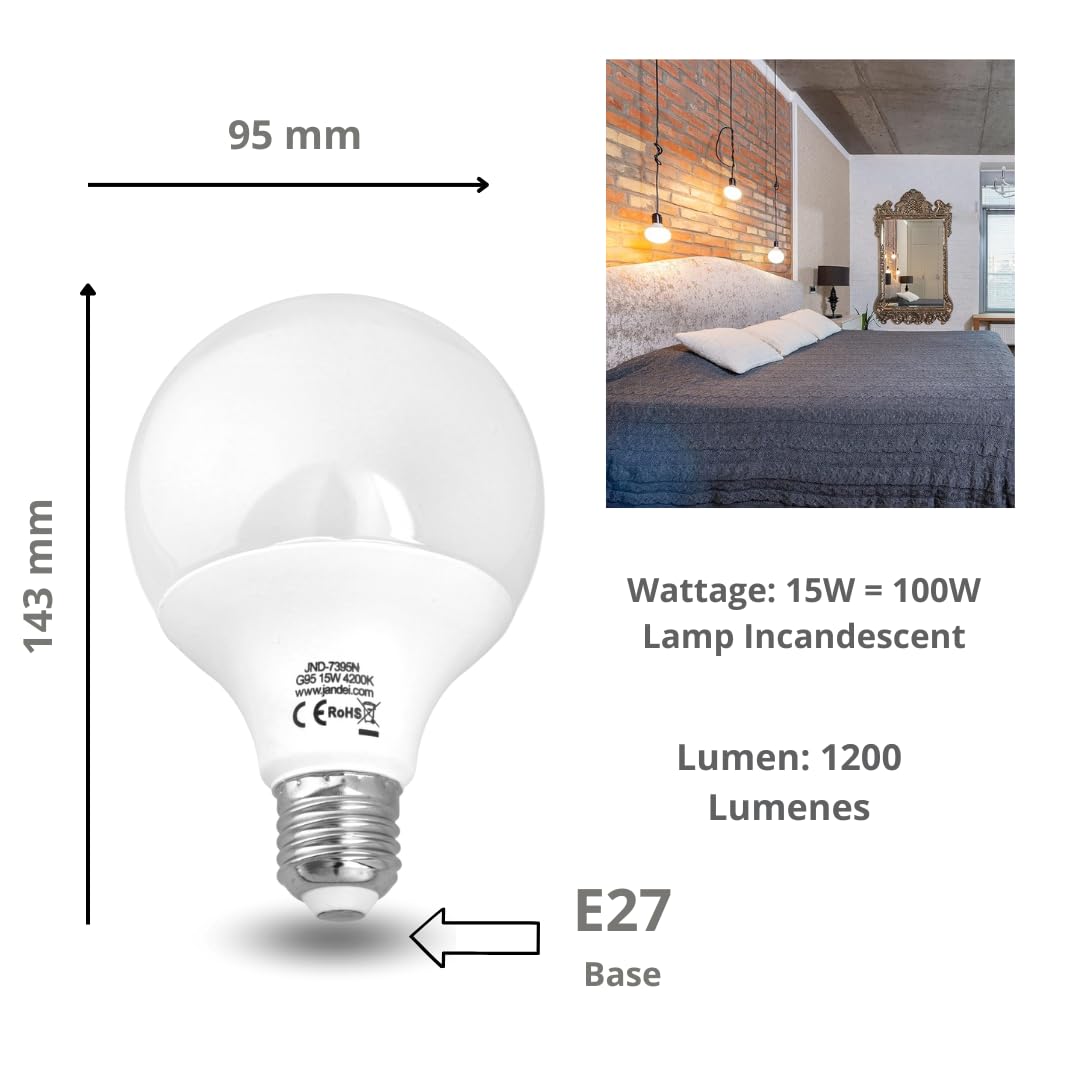 JANDEI Pack of 3 x LED Globe Bulbs 270º, G95 E27 Thread, 15W (Equivalent to 100W) Neutral White Light 4200K, Lumens - Image 3