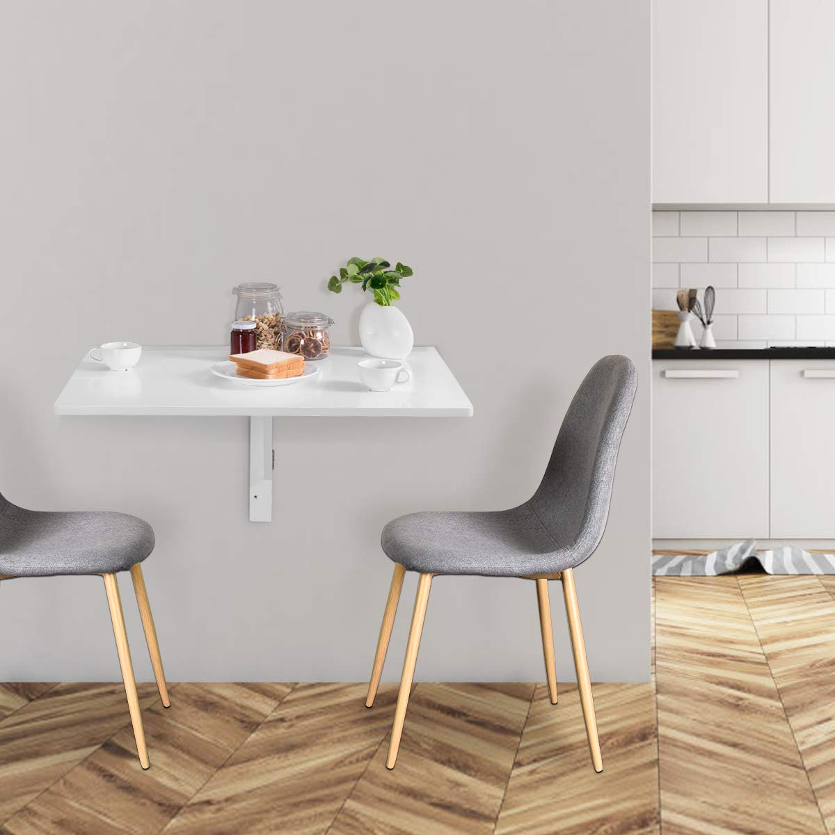 GOPLUS Stół ścienny, wiszący, składany, zajmuje mało miejsca, przenośny, regulowany stół ścienny z płyty MDF i sosny, 80 x 60 x 45 cm, stolik do laptopa do salonu, jadalni (biały)