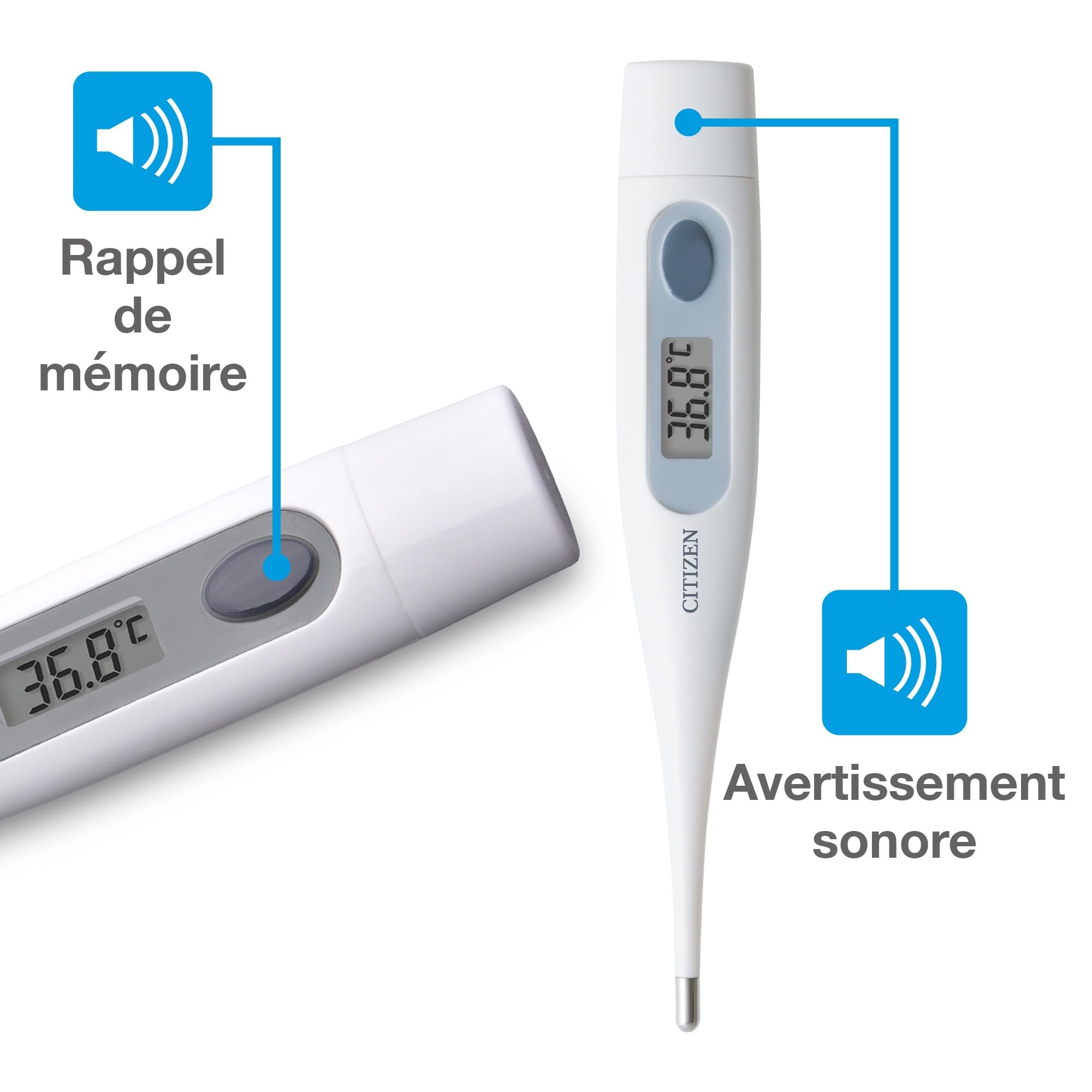 Citizen Thermomètre numérique pour lecture de température corporelle basale – Thermomètre de température corporelle avec alarme de fièvre et fonctionnement à un bouton – Pour adultes, enfants