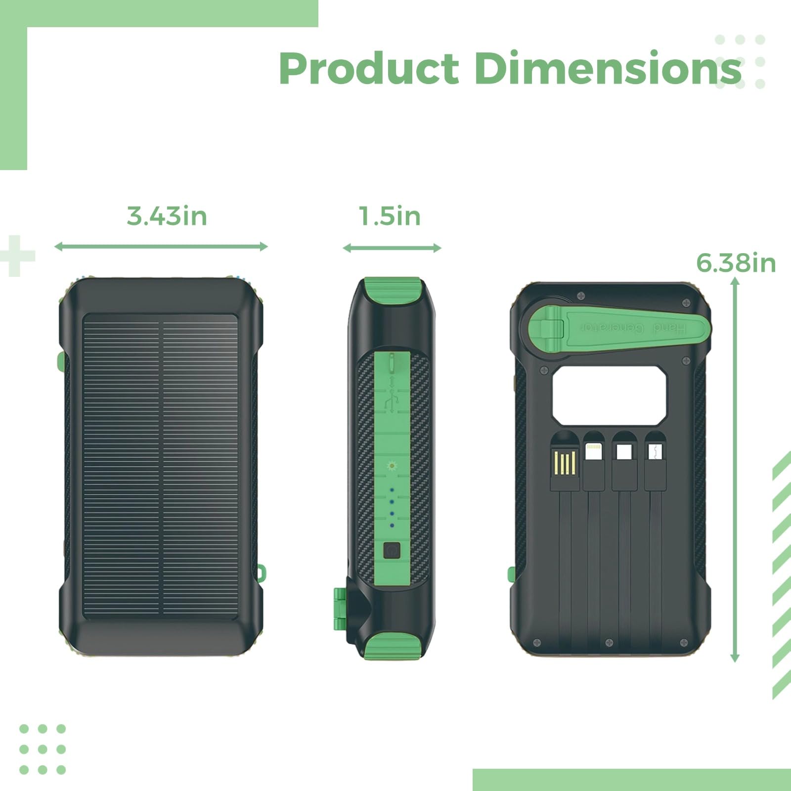 Power Bank da 20000 mAh, caricatore portatile con generatore a manovella, ricarica rapida, 3 cavi di uscita, torcia a LED, luce da campeggio, certificata UKCA per campeggio all'aperto