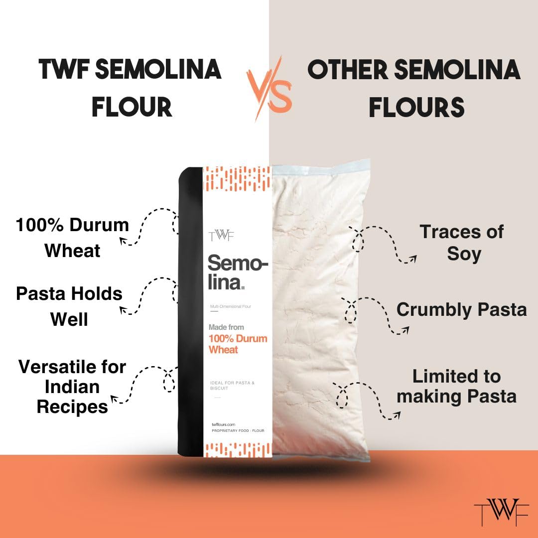 TWF Durum Wheat Semolina Flour | 1 Kg | Sooji | Golden Yellow | For Pizza Dusting, Pasta (All Kinds), Gnocchi and Biscuits
