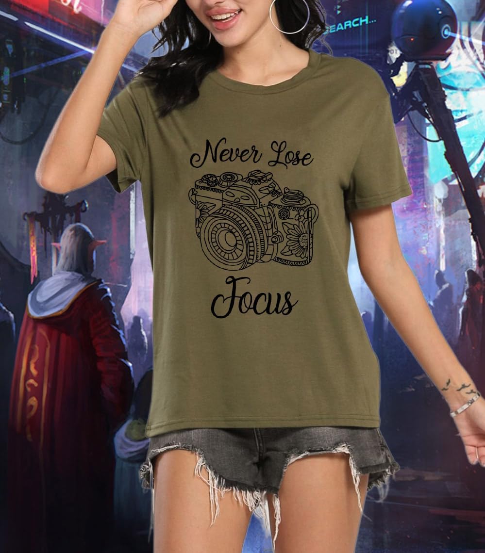 Never Lose Focus Shirt Women Camera Graphic Cute O-Neck Short Sleeve T-Shirt Top - Image 6