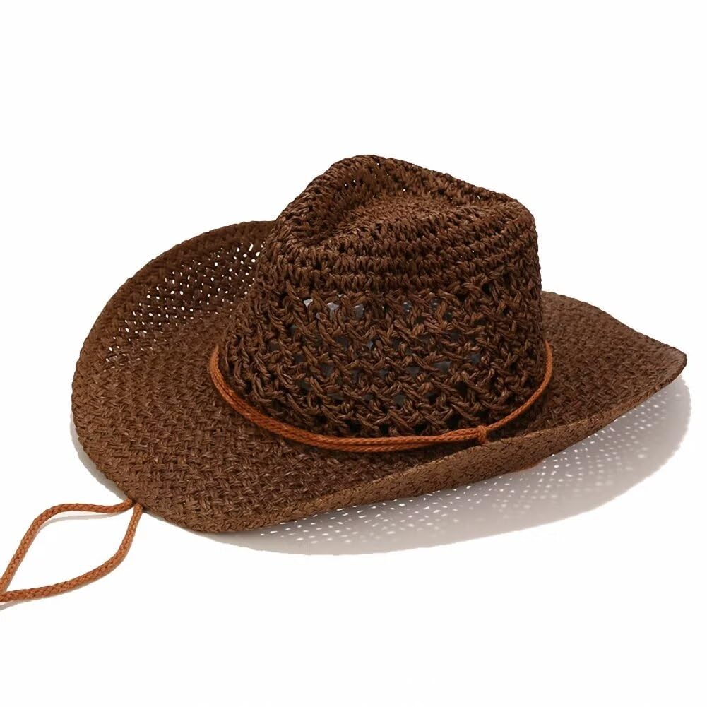 Plancholo Men's Brown Summer Cowboy Straw Hat Hollow Out Woven Roll Up Wide Brim Sun Hat For Wo