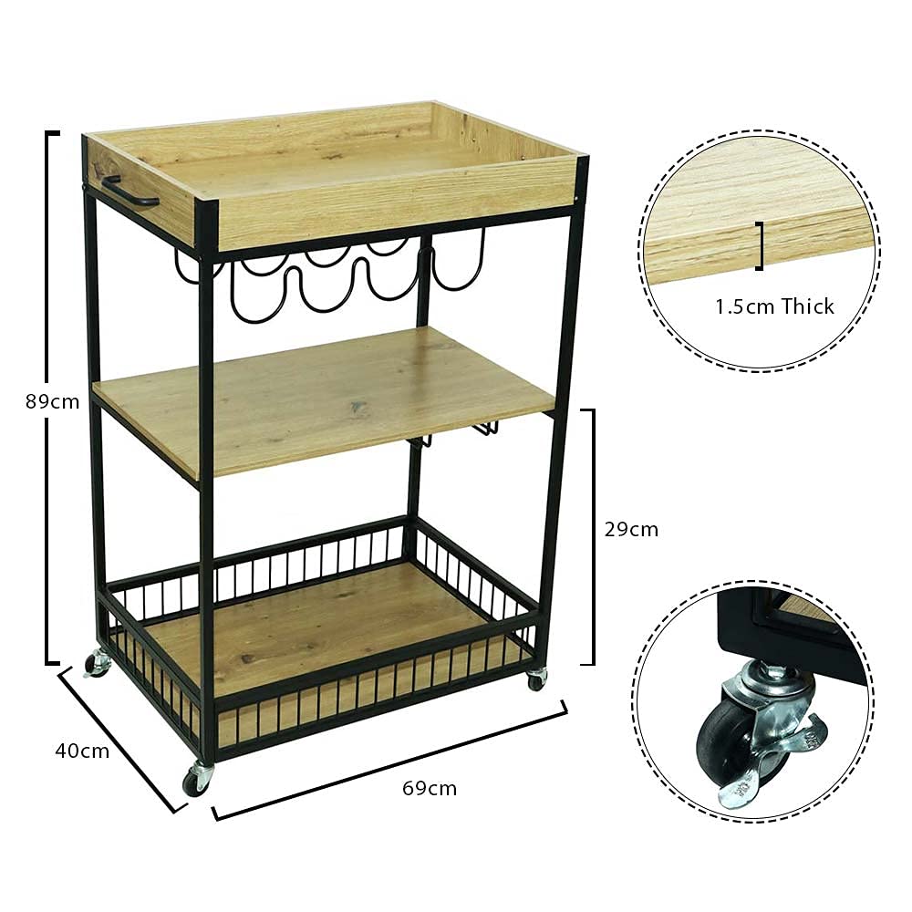 YATAI 3 Tier Wooden Kitchen Serving Carts Rolling Bar Cart With Storage