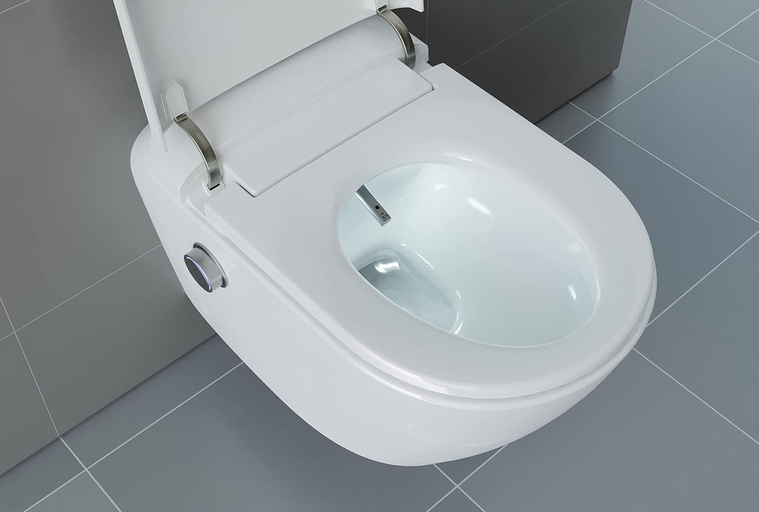 Bernstein T640 Pro shower toilet with lid open, revealing the bidet nozzle inside the bowl.