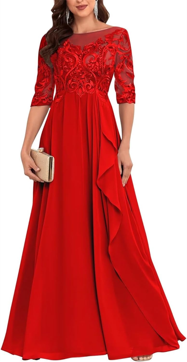 Yiann Women's Red Lace Appliques Mother Of The Bride Dresses For Wedding Long Sleeve Chiffon Evening Formal Dress Uk16